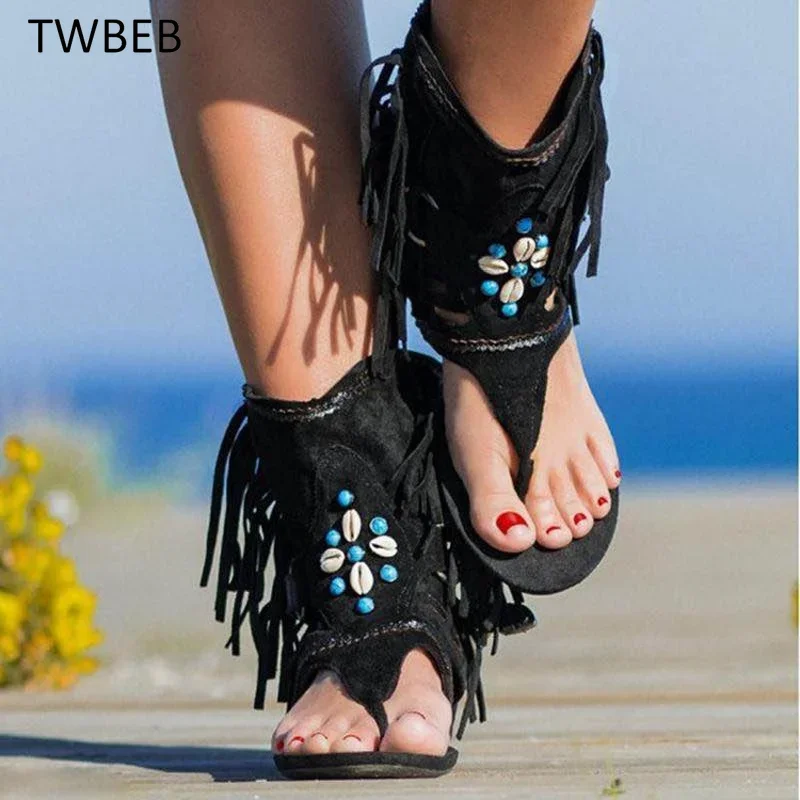 Moda nuovo stile retrò donna con frange fiore zeppe scarpe 2023 solido gregge spiaggia sandali casual donna estate infradito sandali