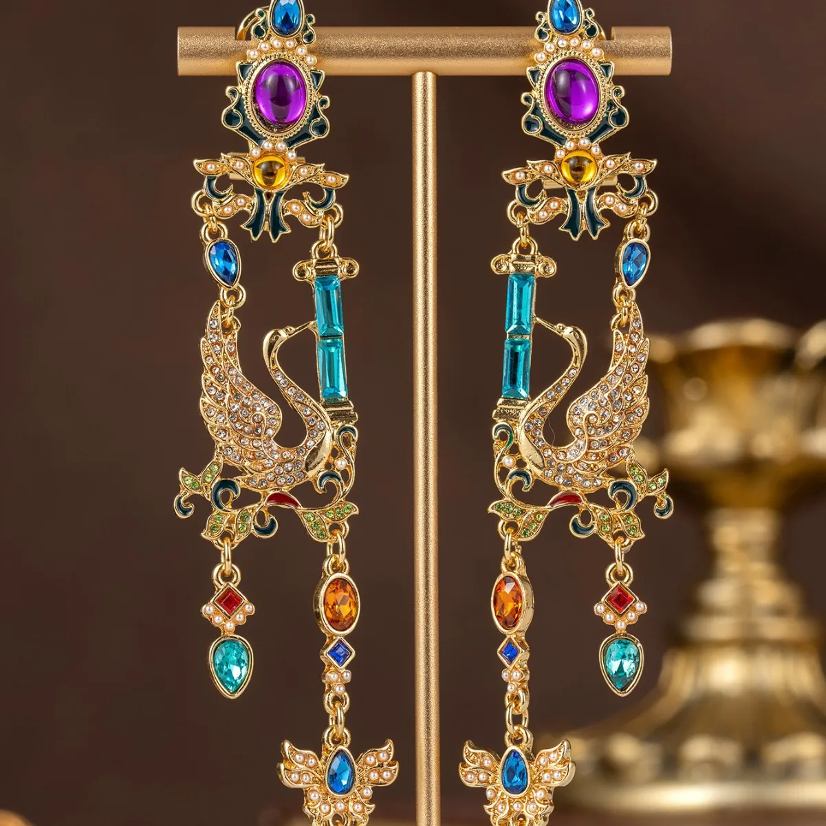 Medieval Vintage Flying Crane Animall Tassel Earrings Light Luxury Temperament High-end Rhinestone Paved Medieval Earrings