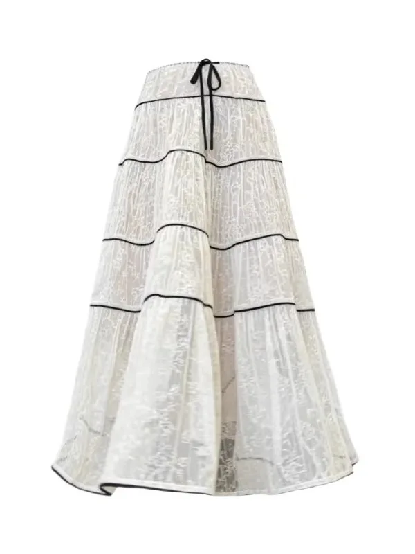 plus Size Romantic Lace Pleated Heavy Duty A-Line Midi Skirt for Women Commute Korean Style Breathable Slimming High Waist