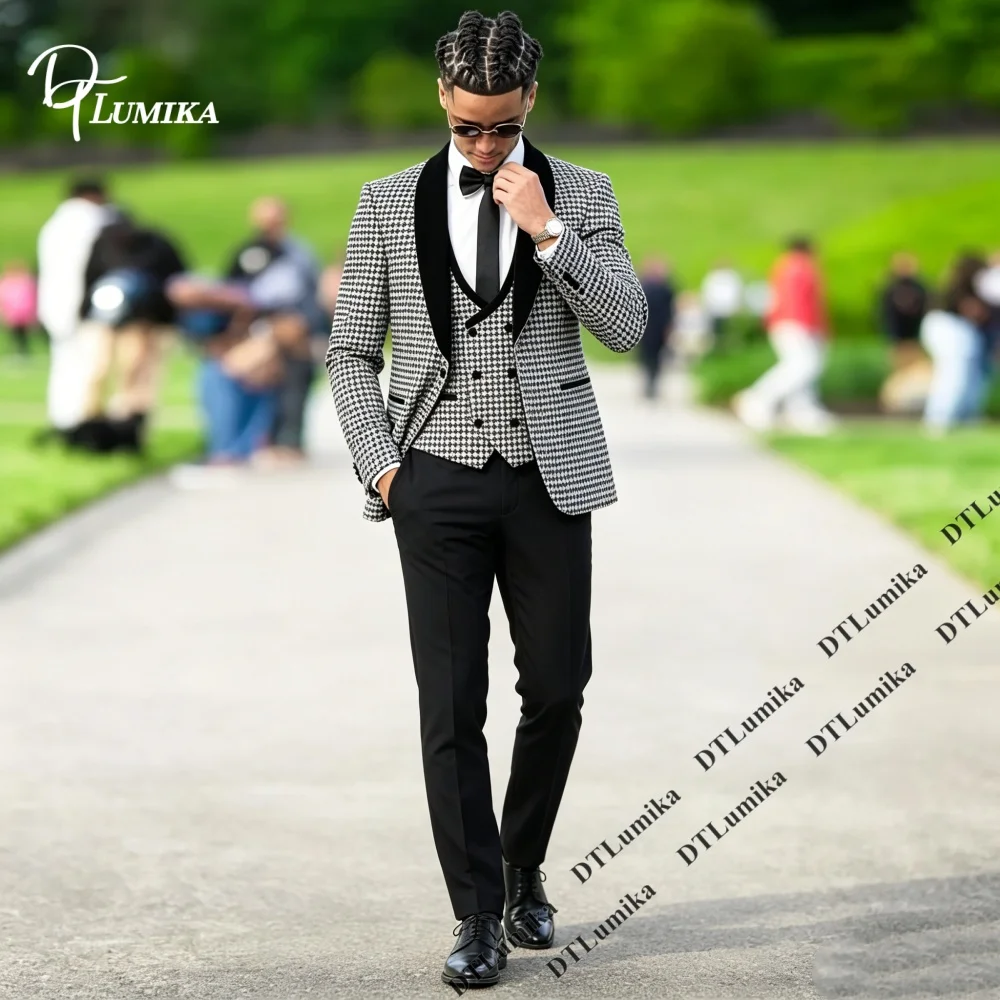 

DTLumika Tailored Houndstooth Three-Piece Men’s Suit (Blazer + Waistcoat + Trousers) Casual Smart Suits, Timeless Classic Tuxedo