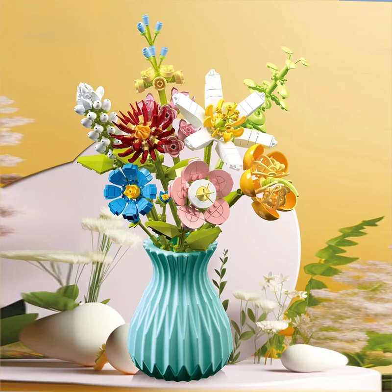 Flower Bouquet Building blocks Eternal Flower Rose Sunflower Plant Model Bricks Set With Vase DIY Toys For Kids Children Gifts