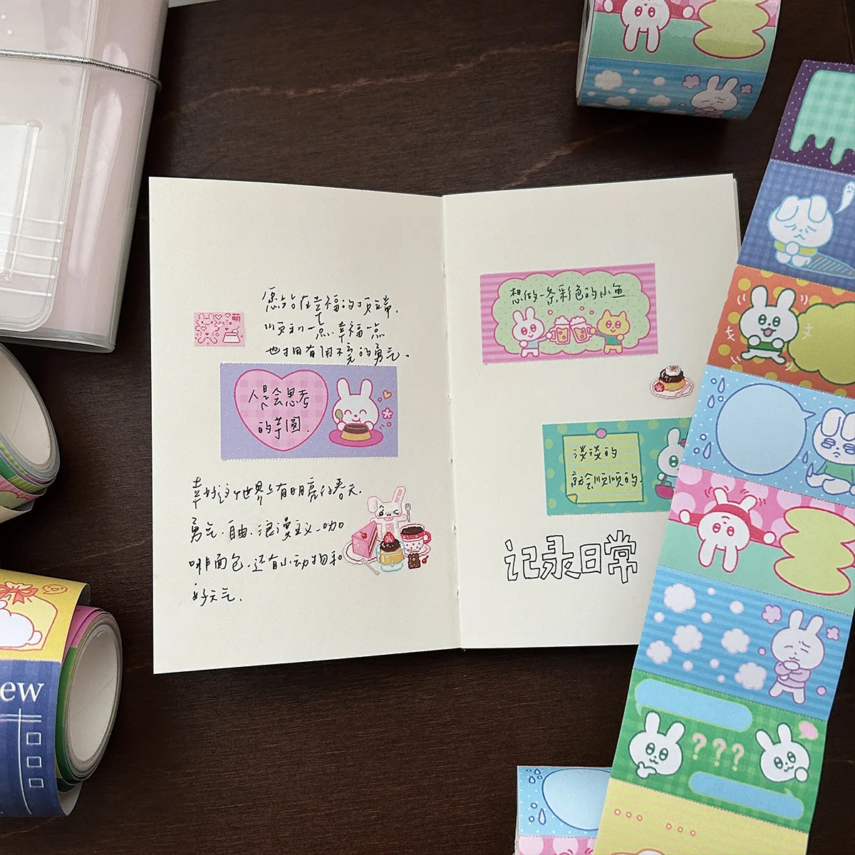 WAKAWAKA Cute Bunny Writable Journal Sticker Roll Cartoon Rabbit Washi Tape DIY Card Making Scrapbook Decoration Supplies