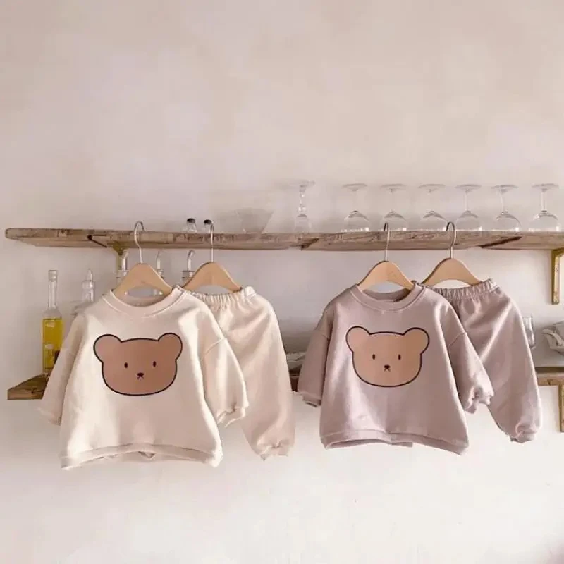 

2024 Autumn Baby Girl Clothing Set Infant Cartoon Bear Print Tops + Pants 2 Pieces Suit Toddler Boys Cotton Sweatshirt Trousers