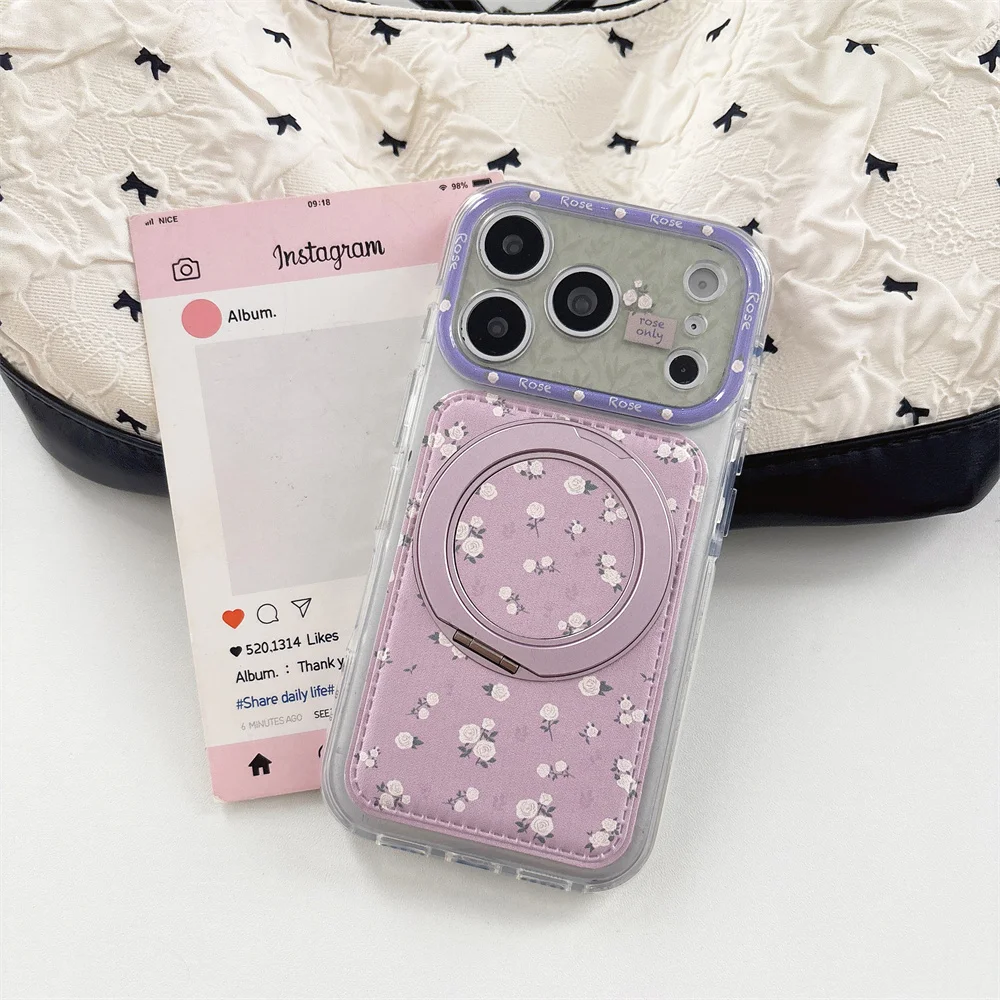 Korea Fashion Flower Magnetic Rotating Bracket Phone Case For iPhone 18 Pro Max 18 Pro 17 16 15 Shockproof Protective Cover