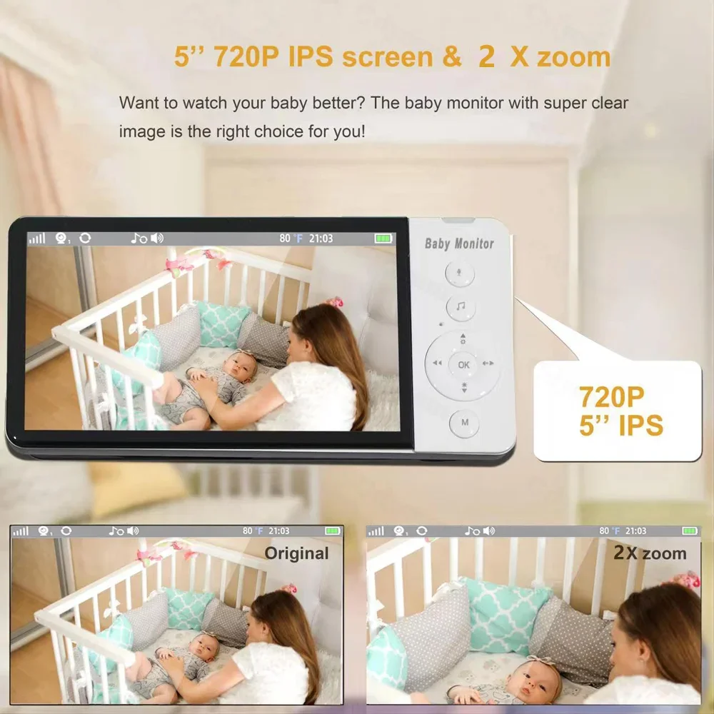 VBABM ABM700 Baby Monitor 5.0inch 5000mAh Battery With PTZ Wireless Video Camera 2-way Audio VOX Lullaby Night Vision Babysitter
