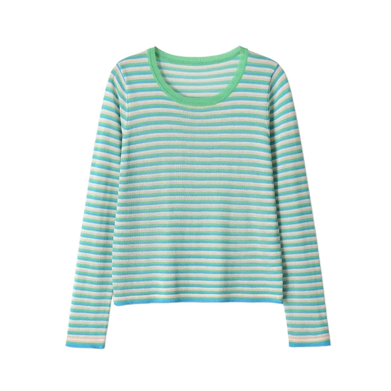

Withered Women's 2026 Summer New Product Casual Long Sleeve Round Neck Fine Needle Striped Knitted Shirt For Women