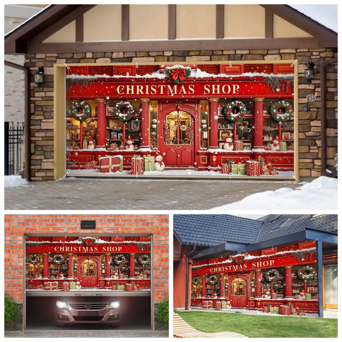 レッドクリスマスショップ大型ガレージ背景冬サンタクロース雪だるまクリスマスツリー装飾背景バナー撮影小道具