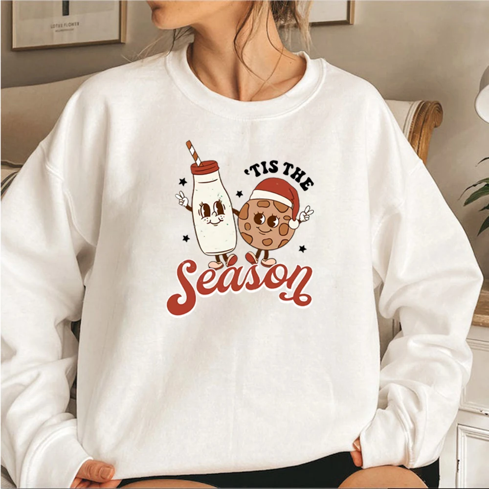 Cute Christmas Milk and Cookies Mascots Sweatshirt Tis The Season Retro Christmas Hoodie Xmas Pullover Holiday Spirit Sweatshirt