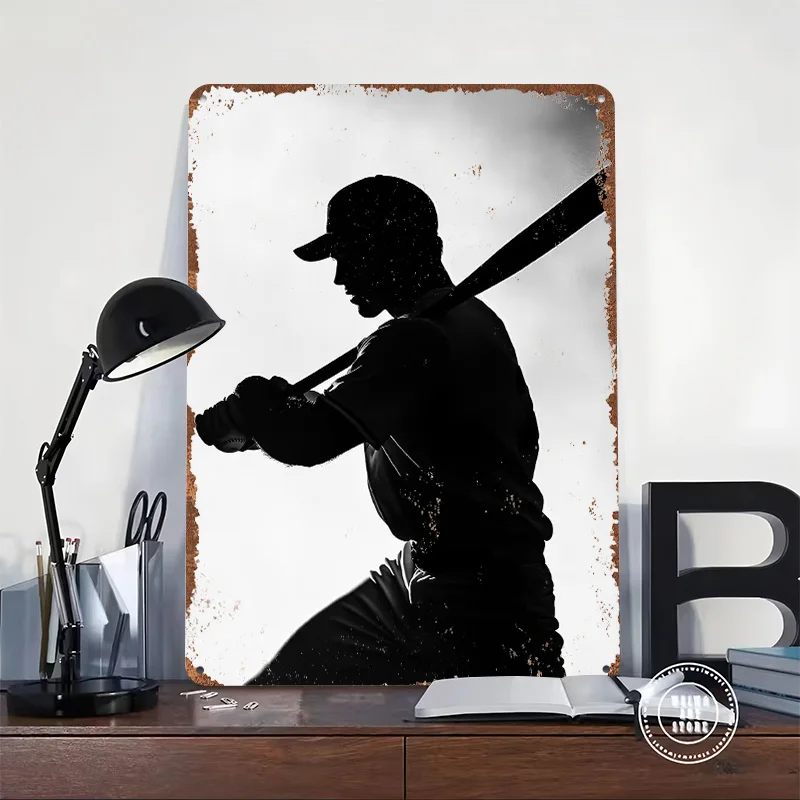 صورة ظلية لاعب البيسبول مع ملصقات مطبوعة على شكل خفاش قابلة للتخصيص على الحائط علامات قصدير معدنية عتيقة لحديقة غرفة المنزل