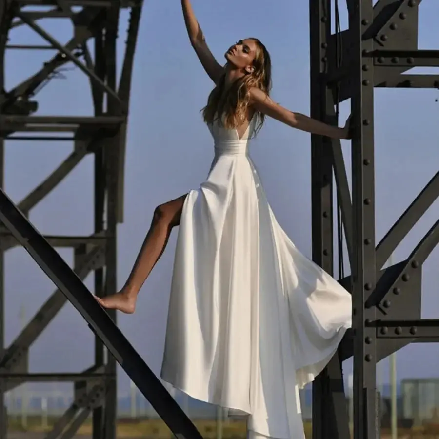 Personalizado simples a linha vestido de casamento cetim fenda lateral até o chão para mulher robe de mariee com bolso branco elegante