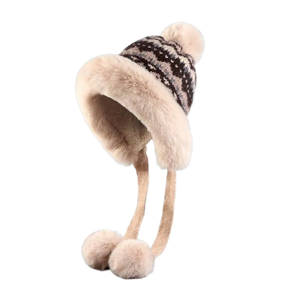 

Retro Thick Knitted Plush Hat Windproof Ball Ear Protection Hat Ethnic Style Warm Pullover Beanie Hat Girls