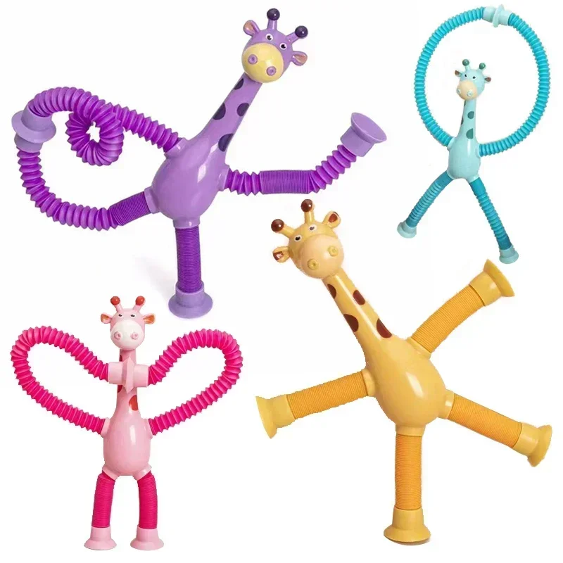 Children Christmas Suction Cup Toys Pop Tubes Stress Relief Telescopic Giraffe Montessori Educational Learning Toy Kids Gift