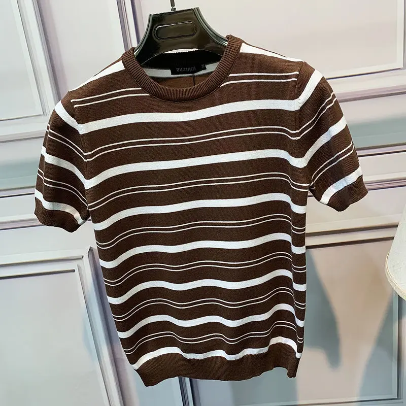 Men's Short Sleeve Striped Slim Sweater, Small Shirt, Round Neck, Handsome Korean Jacket, Spring and Autumn, High Quality