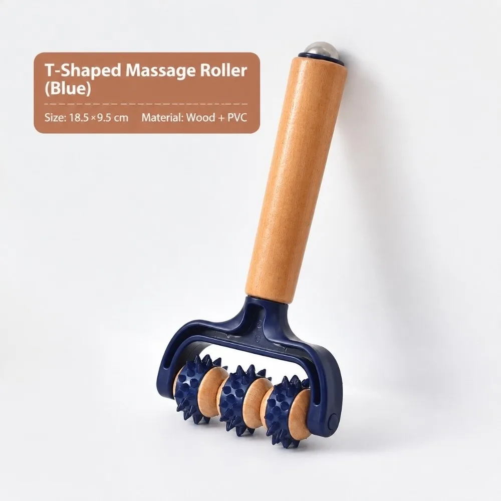 T Shape Handheld Massager Spiky Roller Dual Wheel Body Massage Tool Silicon Head Wood Handle Massage Roller Home Spa Use