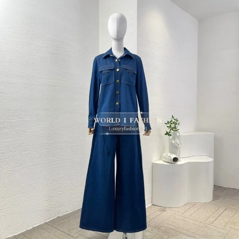 

Navy Blue Denim Jeans Long Sleeve Jacket Tops and Pants Set 2025 Cotton