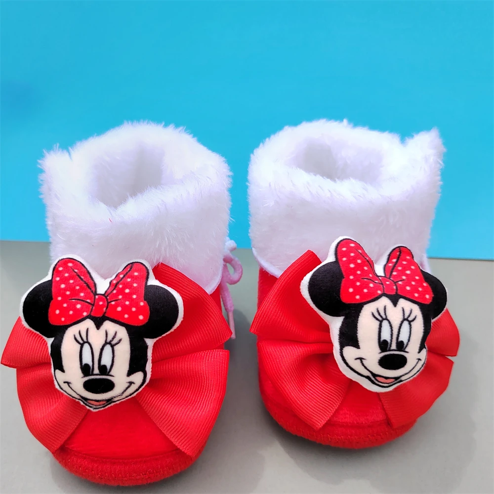 [0-9M Newborns Boots ] Minnie Mouse Winter Plush Thick Boot for Girl Red Matching Dolls Set Princess Dress Up Photography Props