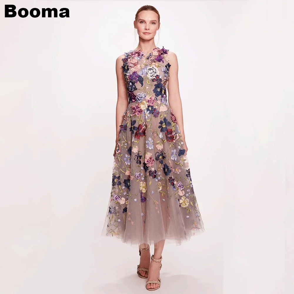 Booma A-line Floral Midi Prom Dresses Sleevless O Neck Appliques Homecoming Party Gowns 3D Flowers Evening Dress for Women