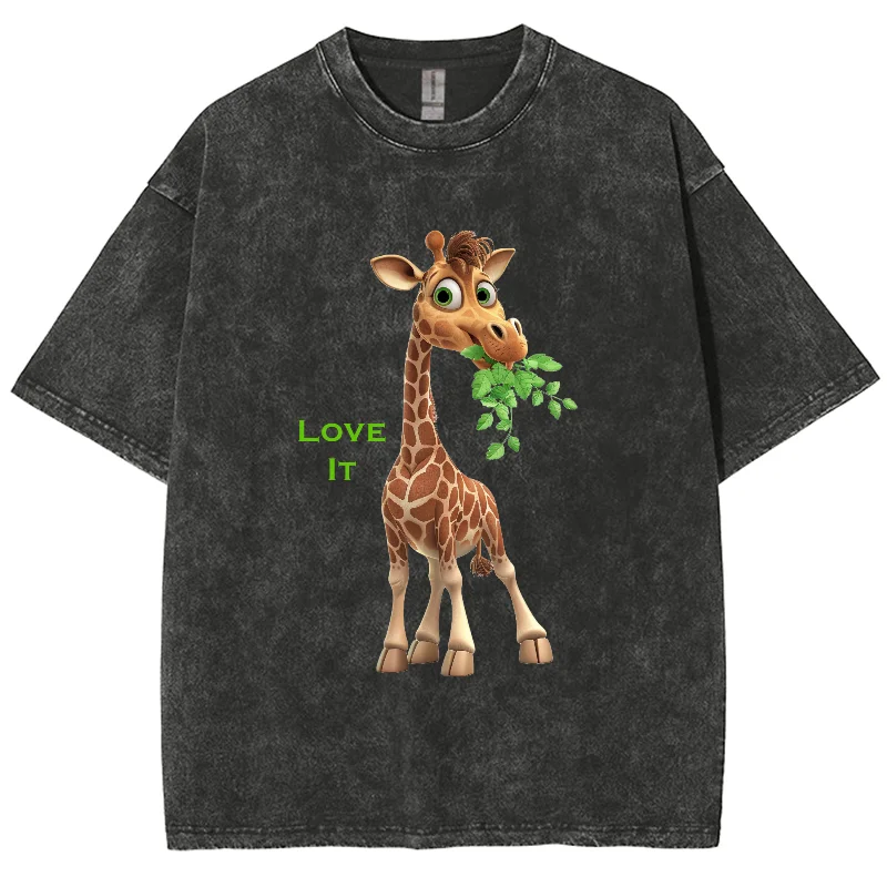 Cute Giraffe Eating Grass Print Ladies T-Shirt Neutral Wash Black Short Sleeve Oversized Loose Casual Everyday Tee