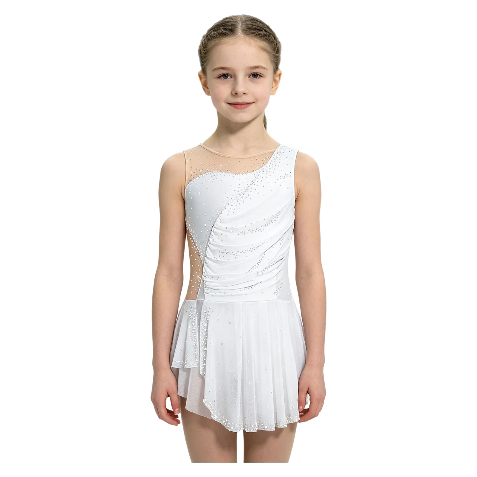Kinder Mädchen Gymnastik Eiskunstlauf Ballett Tanzkostüm Funkelnde Strasssteine Gerafftes Netzkleid mit Seitenschlitz und Eingebautem Slip – Detail 22
