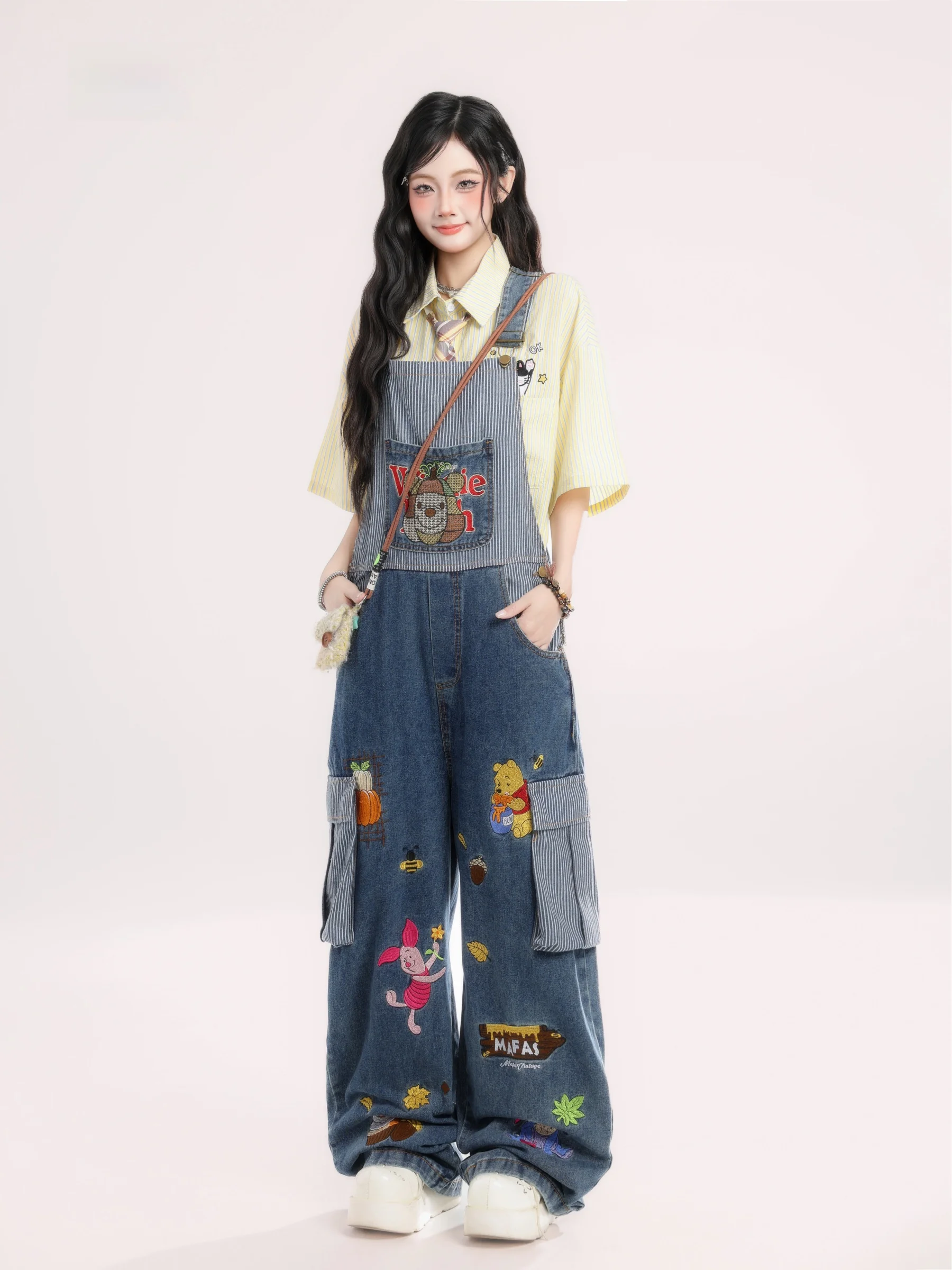 

American Retro Cartoon Embroidery Denim Overalls Women's Loose Wide Leg Pants Spring New Sle Comfortable Casual Jeans