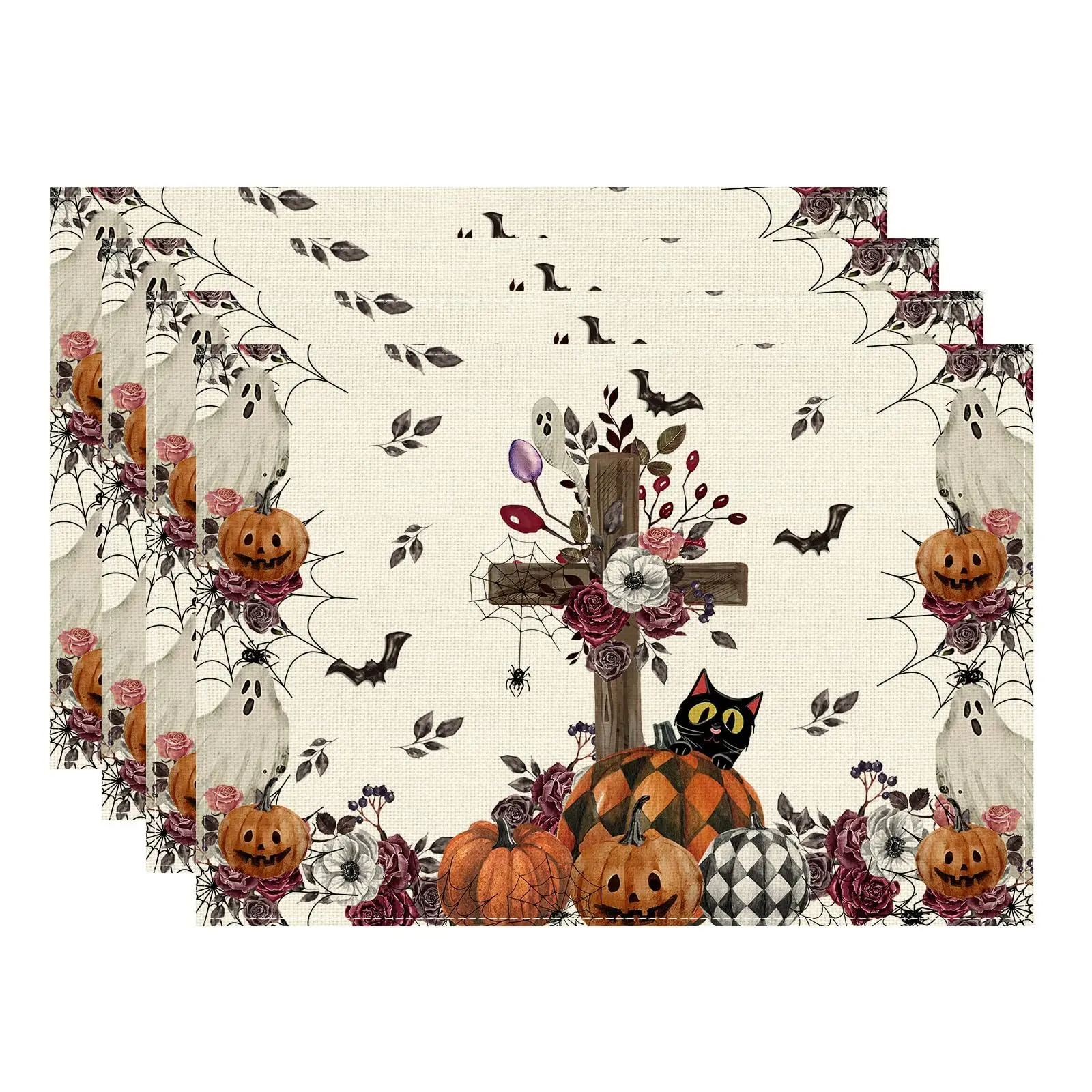 

Spooky Pumpkin Flowers Cross Halloween Placemats Table Mats for Party Home Kitchen Dining Table Decorations 12x18 Inch