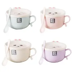 Stainless Steel Double-layer Ramen Noodles Bowl Anti-scalding Instant Noodle Bowl Cute Bunny With Lid And Spoon Tableware