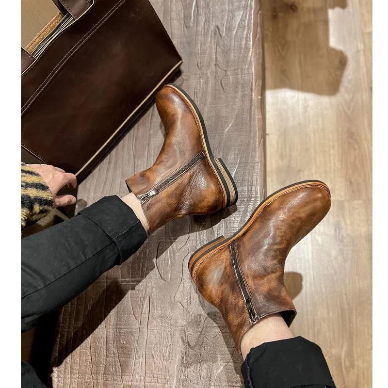 Retro Men's Genuine Leather Motorcycle Boots Brogues Shoes Thick Heel Mid-calf Western Chelsae Ankle Boots Side Zipper Brown