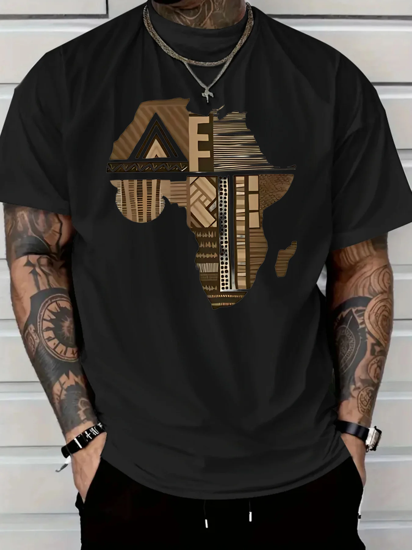 

Men's African Tribal Map Print Short Sleeve T-Shirt Black Cotton Tee with Geometric Pattern Ethnic Style Casual Streetwear Top