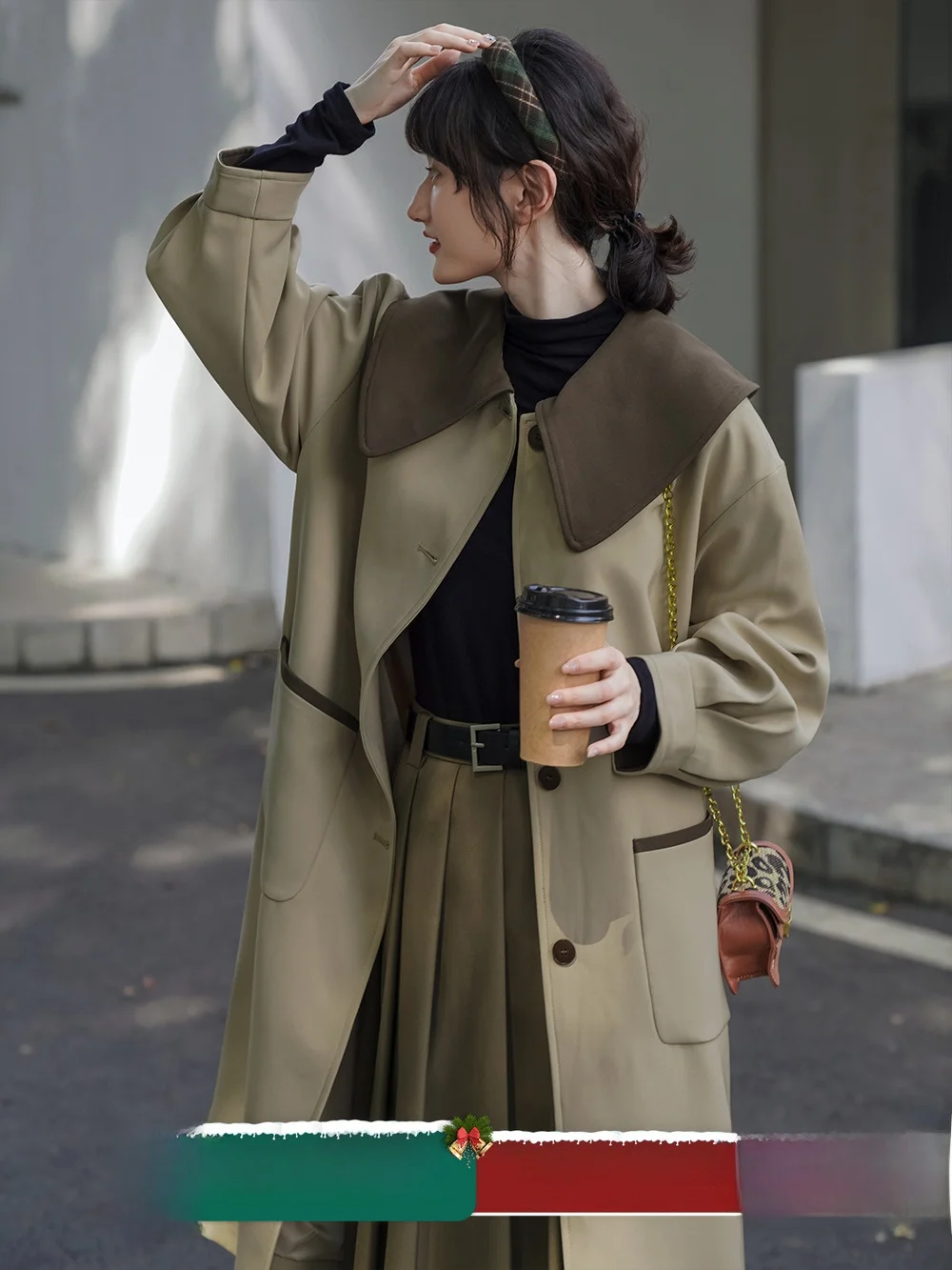 

Khaki Color Coat 2025 New Women High Quali Feeling Medium Length Briti Sle Coat Pure Color Commute Single Button Long S...
