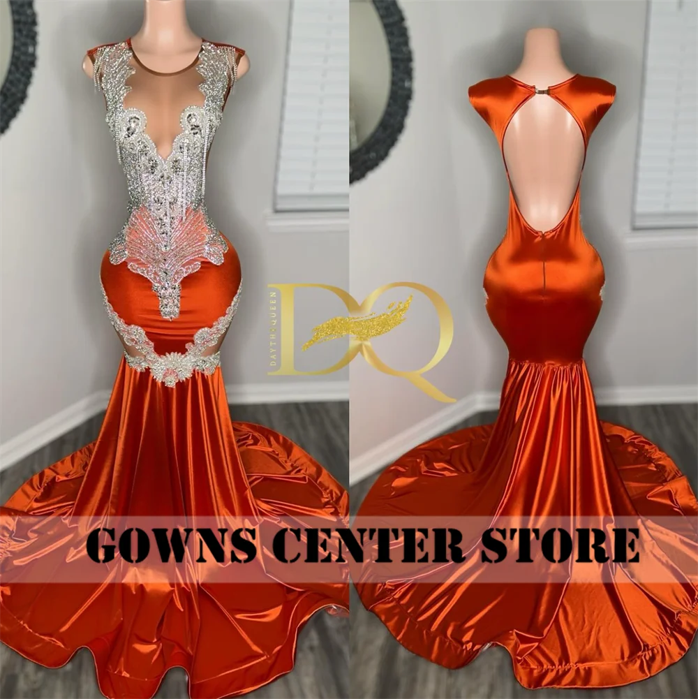 Dirty Orange Rhinestone Prom Dress For Wedding Tassels Sparkly Gillter Mermaid Birthday Reception Gown See Thru Customized