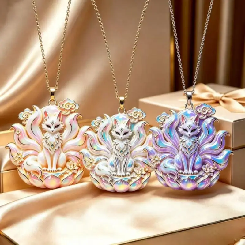 NEW Chinese Mythology Nine Tailed Fox Enamel Pendant Necklace For Women Trendy Exquisite Daily Wear Jewelry Gifts 1PC