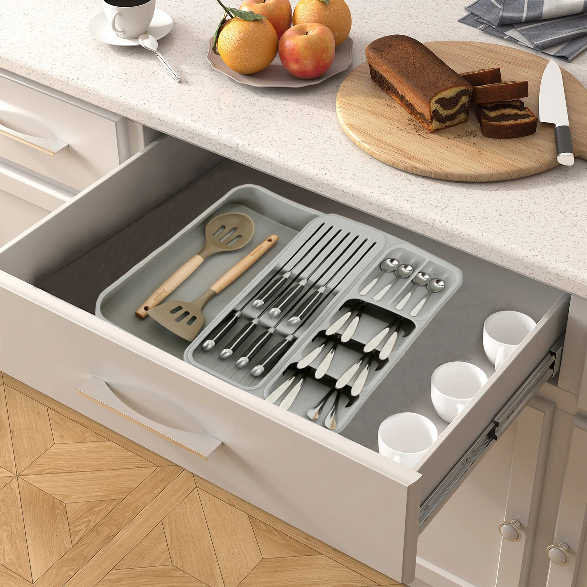 

Расширяемый лоток для кухонных органайзеров, для ящика, шкафа и полки, для хранения ложек, вилок, ножей