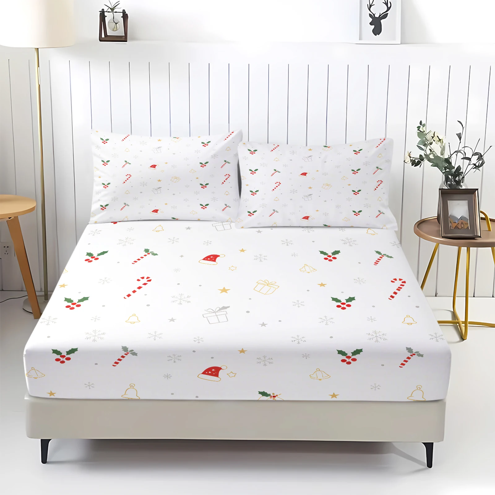Minimalist Christmas Fitted Sheet Set Candy Cane Holly Snowflake Santa Hat Gift Bell Star Print Deep‑Pocket Mattress Cover