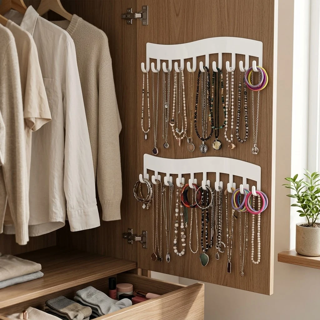 

Настенный акриловый органайзер для украшений: подвесная витрина-держатель для ожерелий, браслетов и серег с крючками для дома