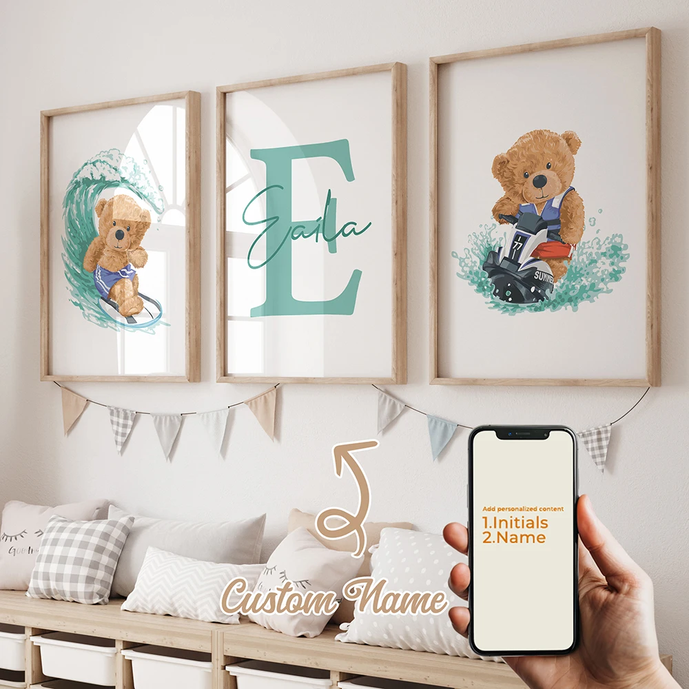 3pcs Personalized Custom Name Cartoon Bear Wall Art Print Picture Canvas Poster Painting For Living Child Room Home Decor