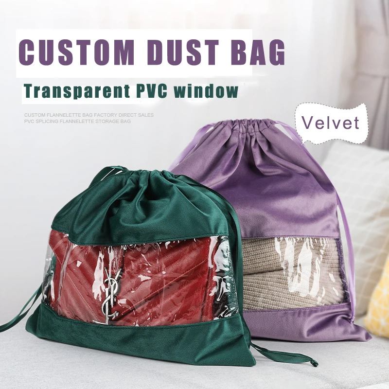 Custom Logo Large Velvet Protectin Drawstring Packaging Storage Bag Suede Purse Shoe Dust Cover Bag For Handbag Luxury Bulk