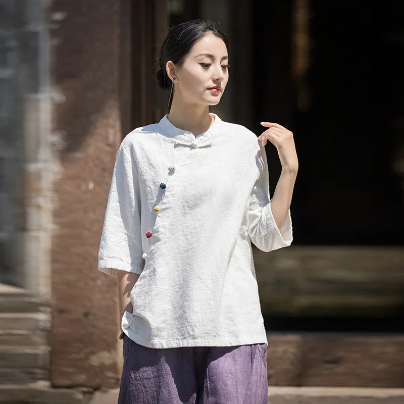 

Chinese top ramie stand-up collar retro disc buckle summer tea clothes short-sleeved shirt fashion casual simple temperament ele