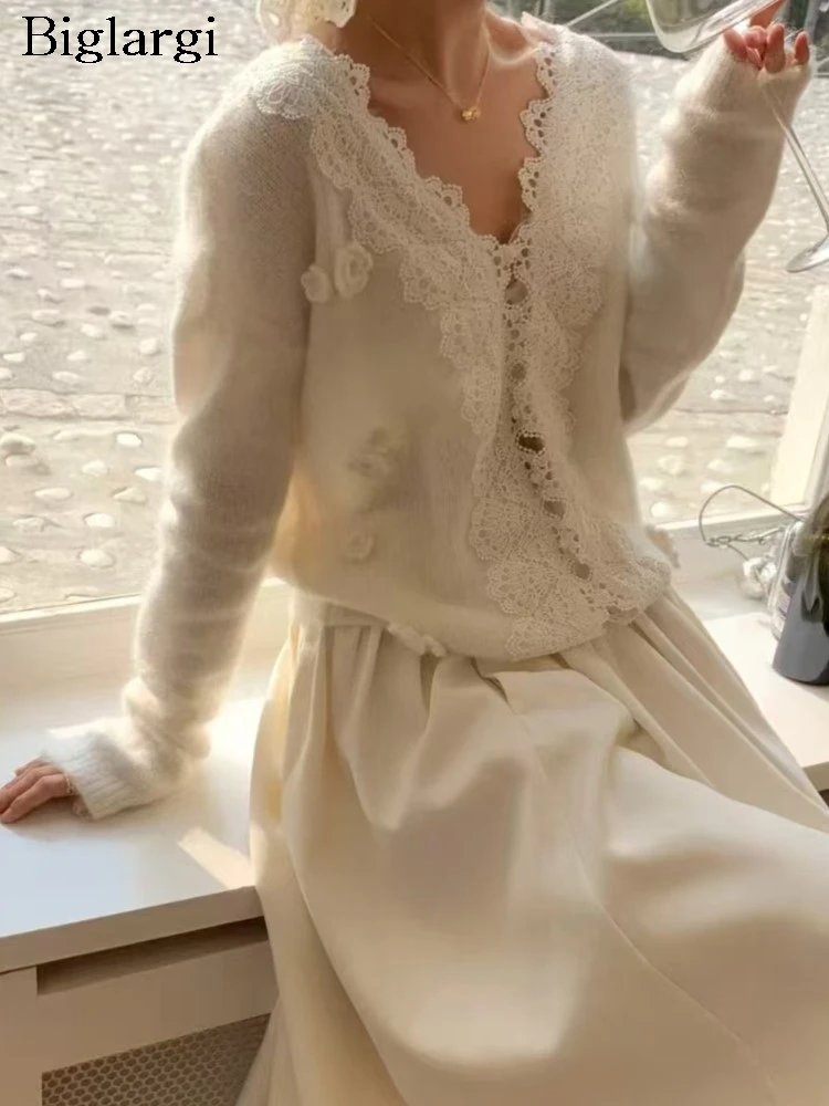 

Вязаный осенний кардиган, женский кружевной лоскутный кардиган с вышивкой, модные милые женские кардиганы в корейском стиле, свободные женские свитера, пальто