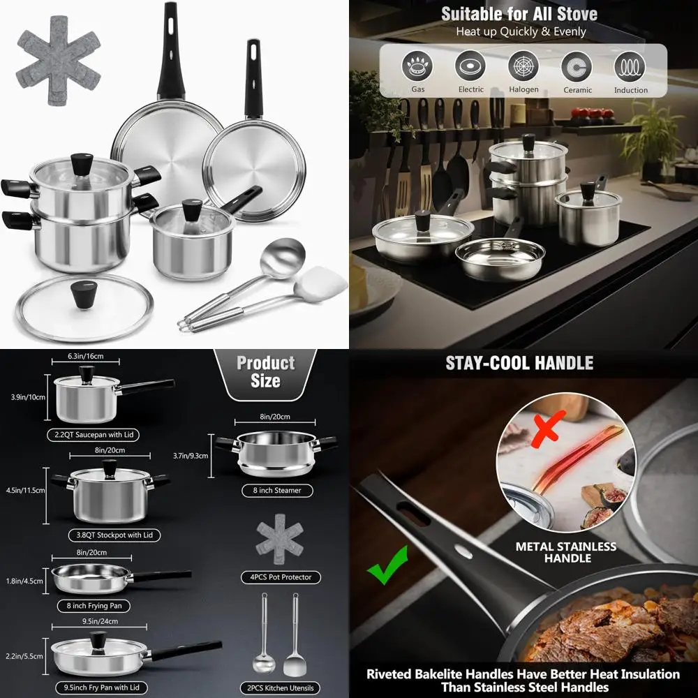 

stainless steel cookware set, 14-piece pots and pans set, kitchen cooking pan set with stay-cool handle, non toxic, dishwasher s