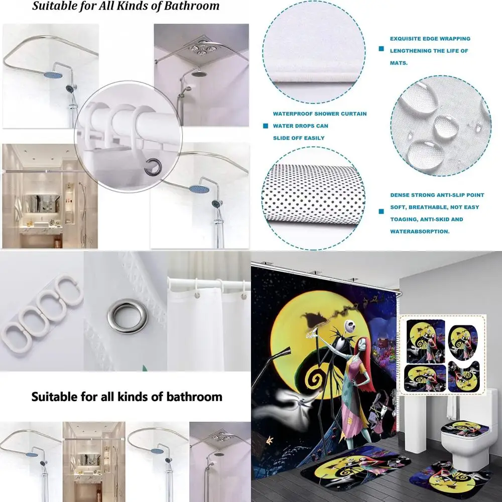 

72x72 Bathroom Decor: 4-Piece Shower Curtain Set with Toilet Seat Cover, Bath Mat, Non-Slip Rugs