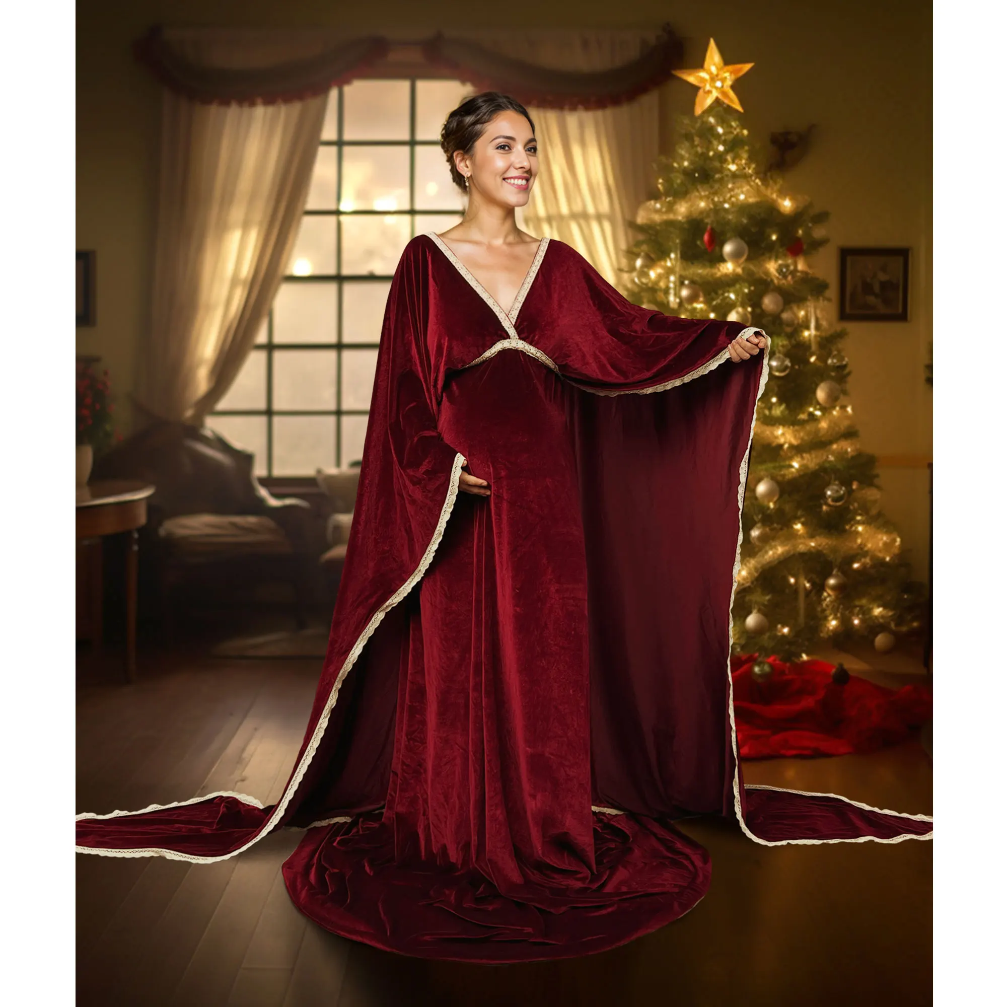 

Don&Judy Maternity Dress with Long Cape Pregnancy Velvet Maxi Gown for Woman Photography Christmas Photoshoot Evening Outfits