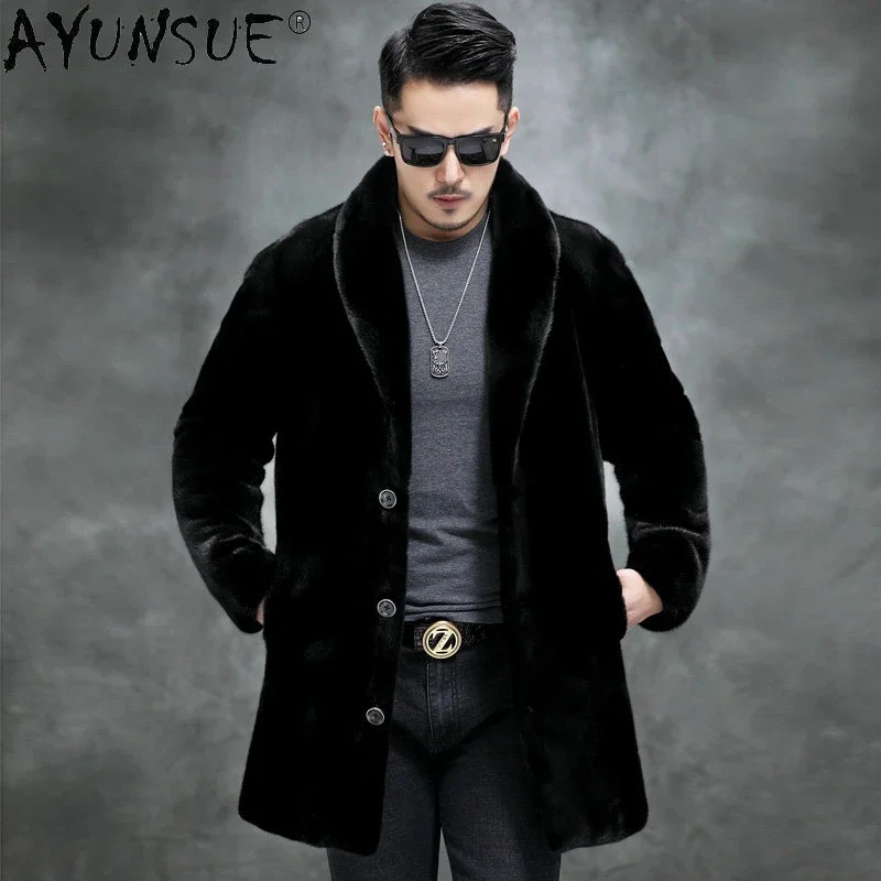 

AYUNSUE Real Mink Fur Coat Mens Coats Winter Warm Parka Hombre Luxury Mid-length Mink Fur Jackets Men Manteau Homme Hiver SGG732