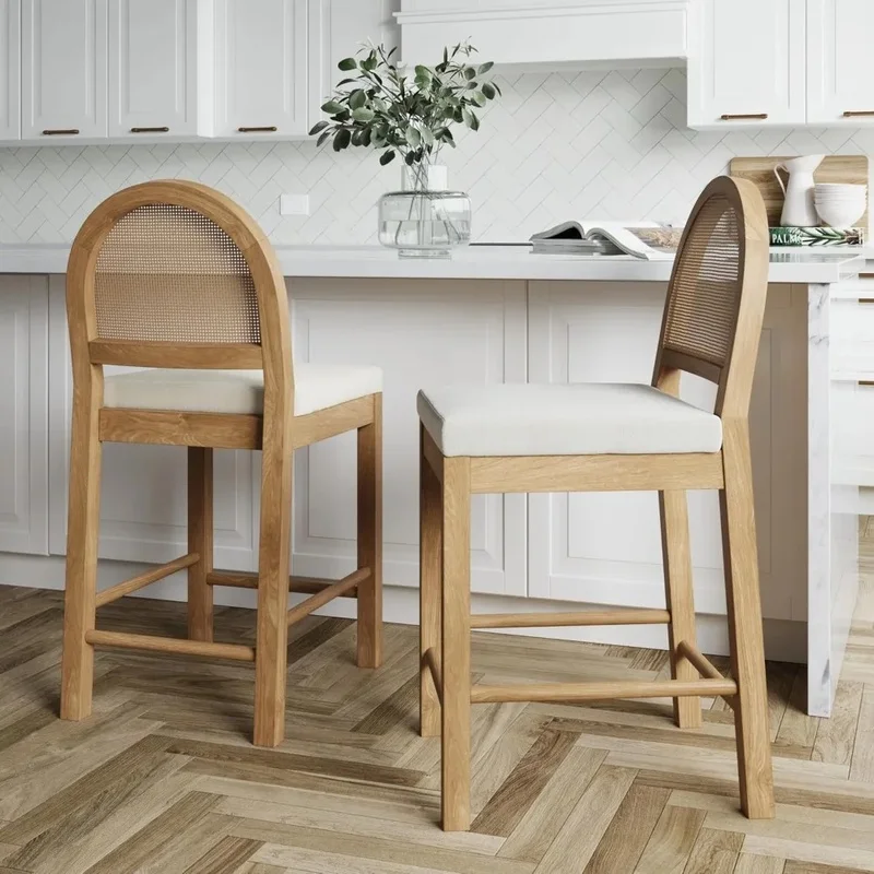 For Natural Woven Back Rattan Bar Stool Set, Counter Height Stool for Kitchen Island, Light Brown and Cream Boucle, Set of 4