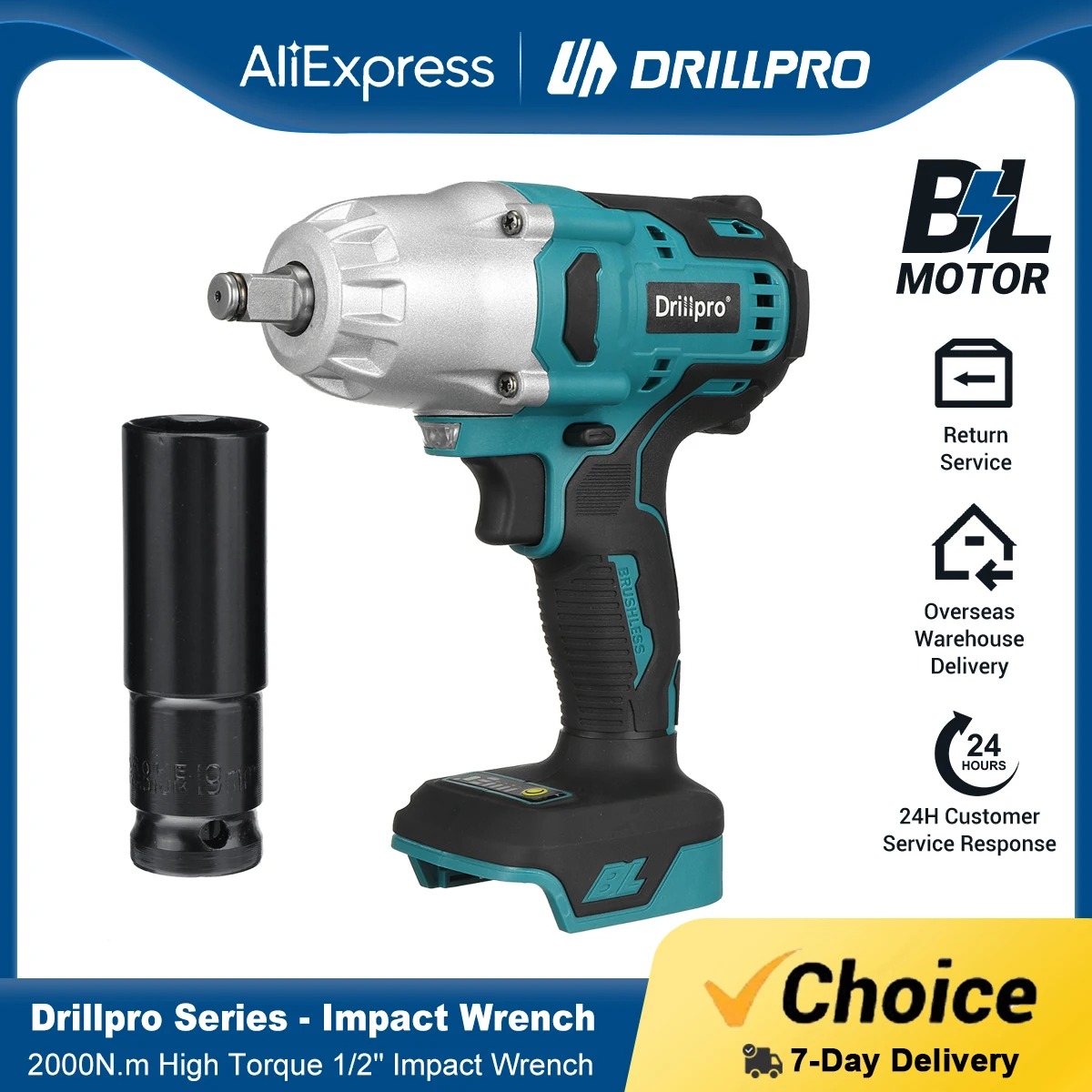 

Drillpro 2000N.M Brushless Electric Impact Wrench High Torque 1/2" Cordless Wrench Drill Power Tools For 18V Battery