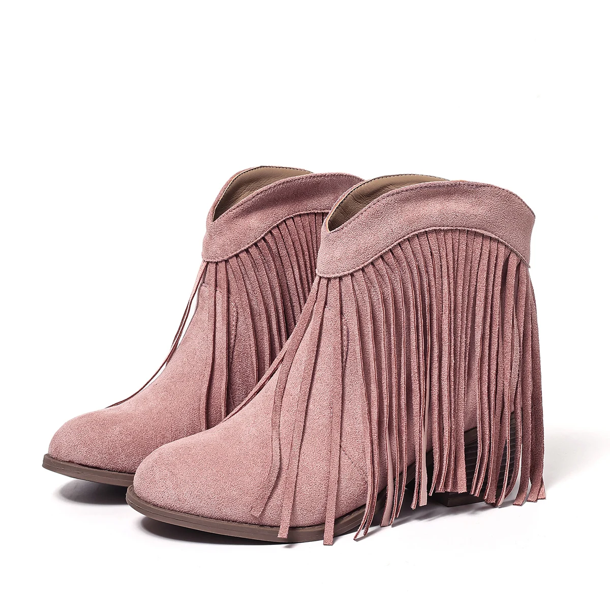 Fringe-Trimmed Pointed-Toe Chunky Heel Elevated Elegant Fashionable Evening Party Resort Women's Nude Boots view 3