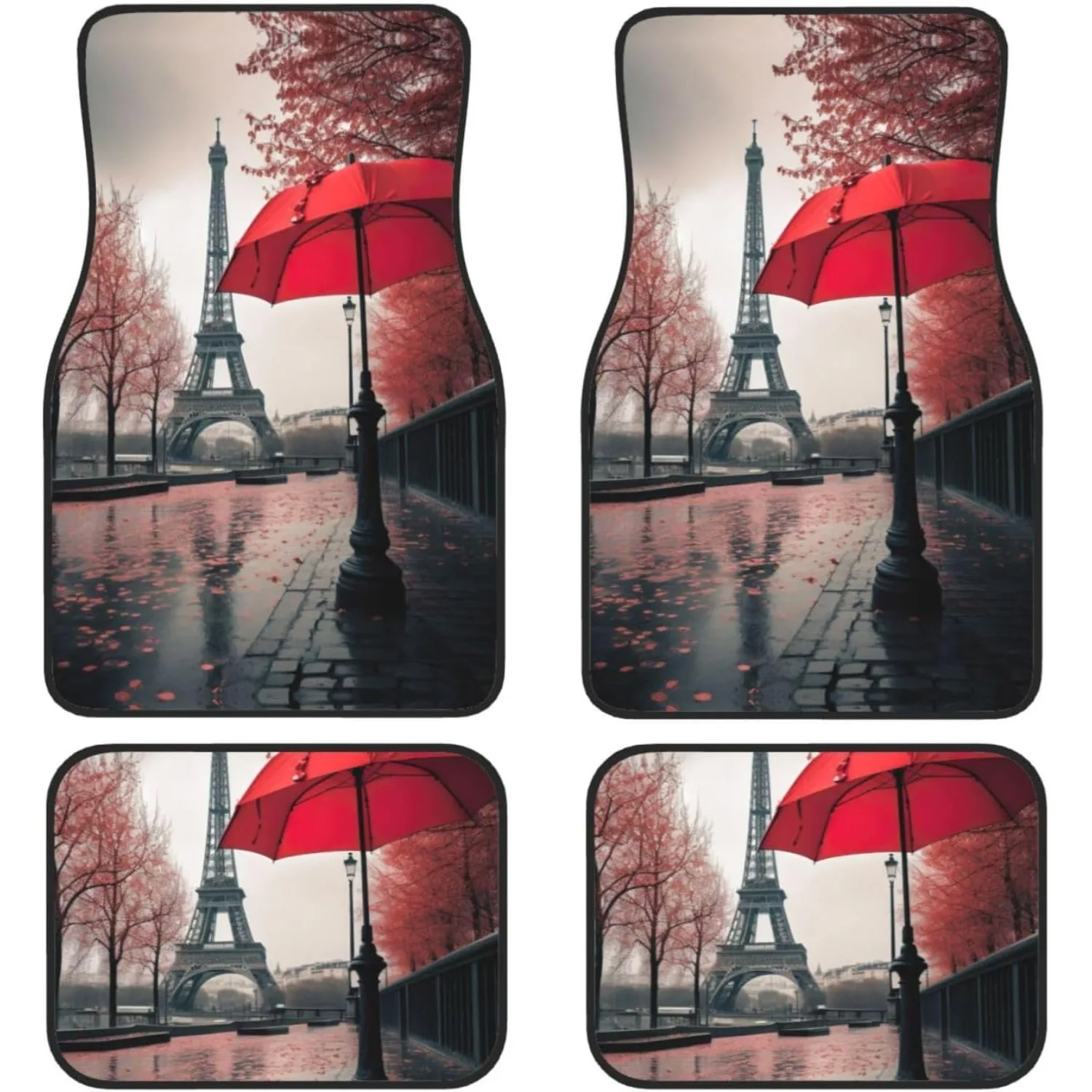 Eiffel Tower With Red Umbrella Print Car Floor Mats Set 4pcs Foot Pads Cushion Cars Interior Accessories, Automotive Interior, V
