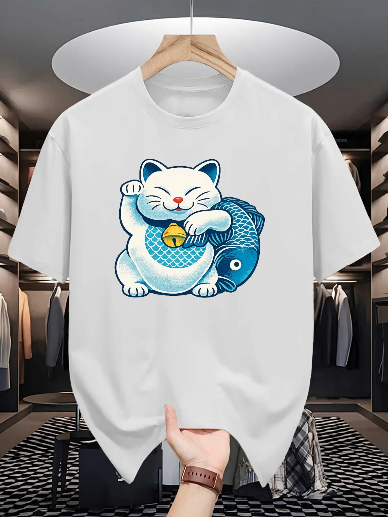 Mens Lucky Cat Koi Fish Graphic Tee Oriental Fortune Art Print O Neck Short Sleeve Cotton Tops For Mens Casual Daily Street Wear