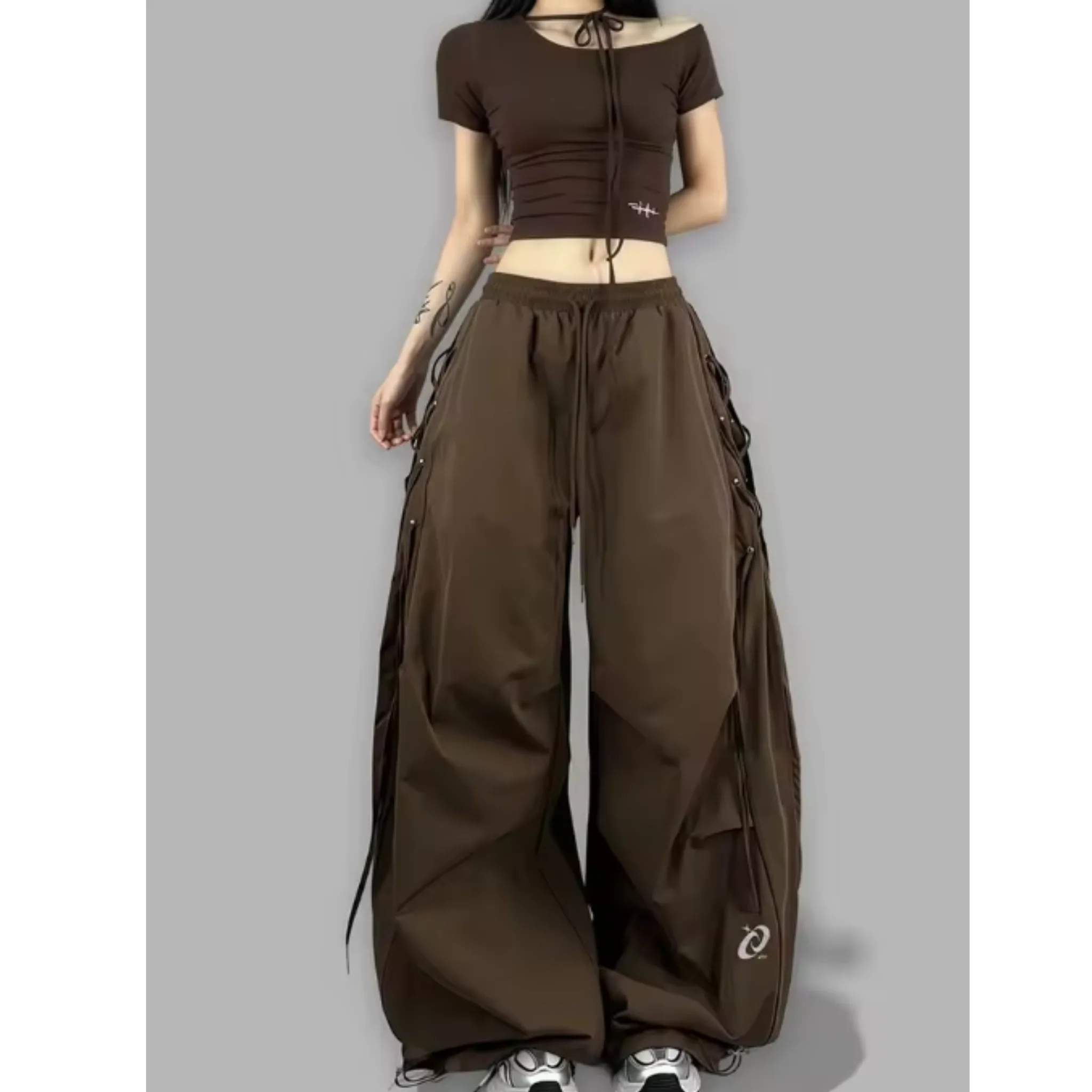 Women High Waist Side Straps Loose Punk Wide Leg Trousers Fashion Hip Hop Parachute Pant American Streetwear Jogging Cargo Pants