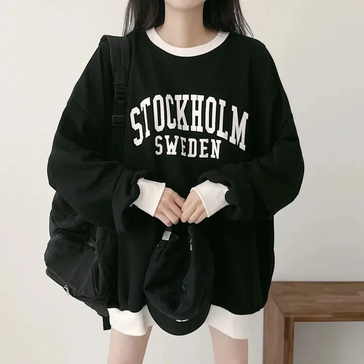 

Осенние хлопковые свободные толстовки с длинными рукавами, повседневные женские толстовки с вышивкой букв, женские винтажные уличные пуловеры больших размеров