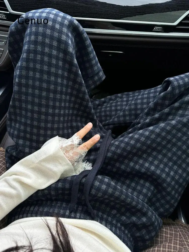 Women Plaid Woolen Fleece Lined Wide Leg Pants Thick Warm Straight Trousers Casual Winter Bottoms